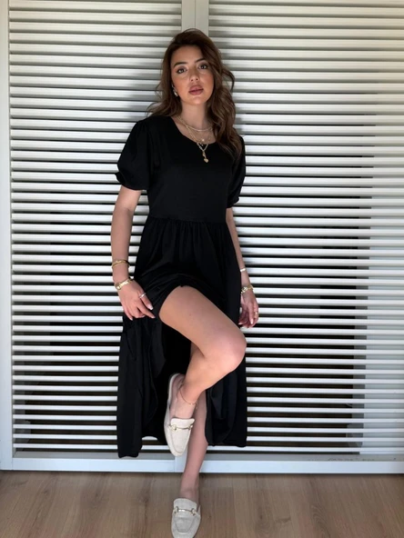 Kadın Kısa Kollu Yakası Açık Katlı Bürümcük Balon Elbise - Resim 2