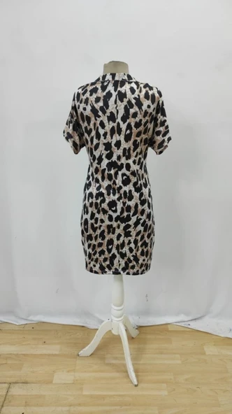 Kadın Kısa Kollu Yakalı Leopar Desenli Süprem Elbise - Resim 8