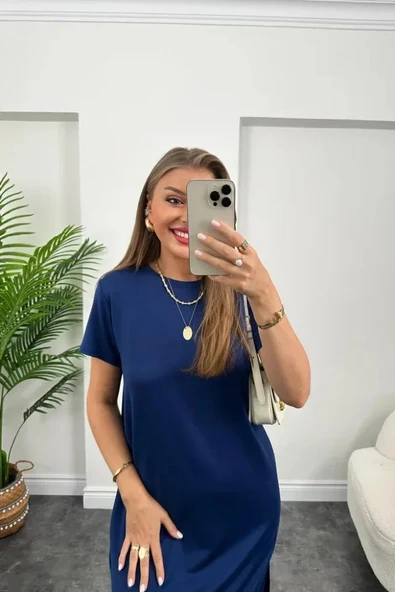 Kadın Kısa Kollu Yırtmaç Detaylı Salaş Viskon Elbise - Resim 19