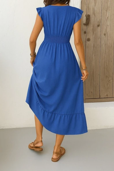 Kadın Kısa Kelebek Kollu Kruvaze Yakalı Beli Lastikli Aerobin Elbise - Resim 3