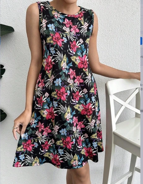 Kadın Renkli çiçek Baskılı Süprem Elbise - Resim 9