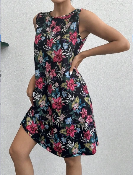 Kadın Renkli çiçek Baskılı Süprem Elbise ürün görseli