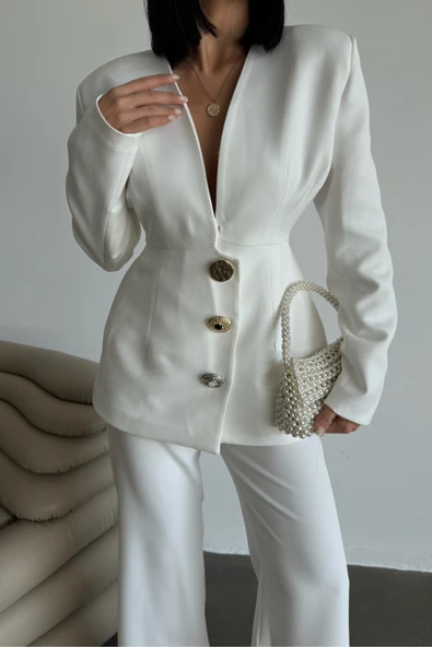 TASARIM CEKET-PANTOLON TAKIM METAL DÜĞME DETAYLI - Beyaz - Resim 4