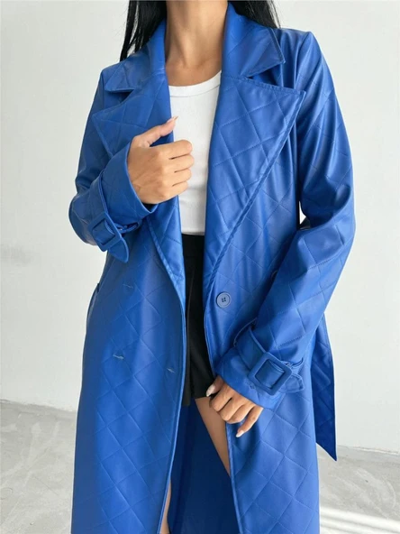 KAPİTONE DERİ TRENCH - Mavi - 6