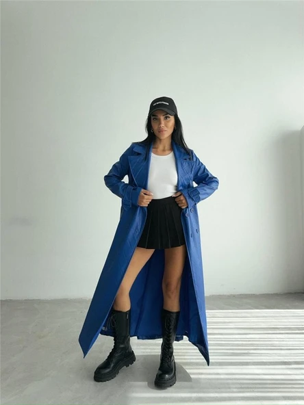 KAPİTONE DERİ TRENCH - Mavi - 5