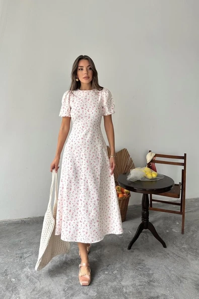 Pembe Dijital Baskılı Atlas Elbise - Resim 2