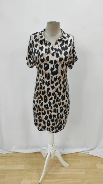 Kadın Kısa Kollu Yakalı Leopar Desenli Süprem Elbise - Resim 6