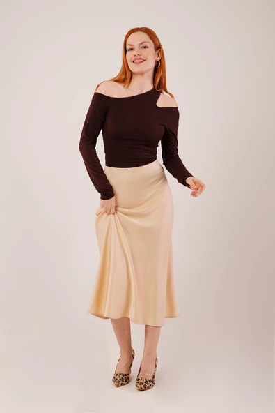 Çan Kesim Midi Krem Saten Etek - Resim 4