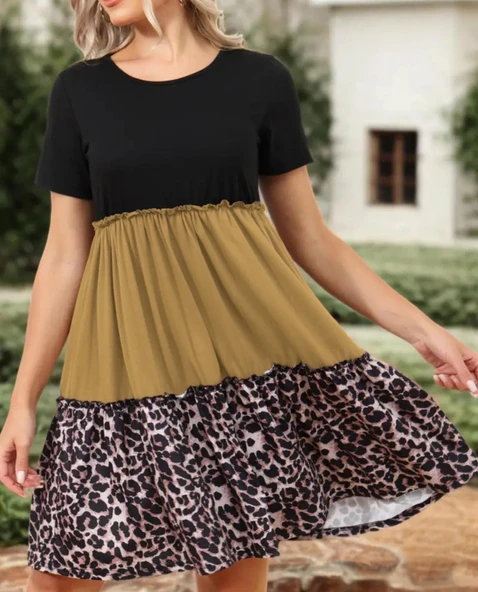 Kadın Leopar Detay üç Parça Viskon Elbise ürün görseli