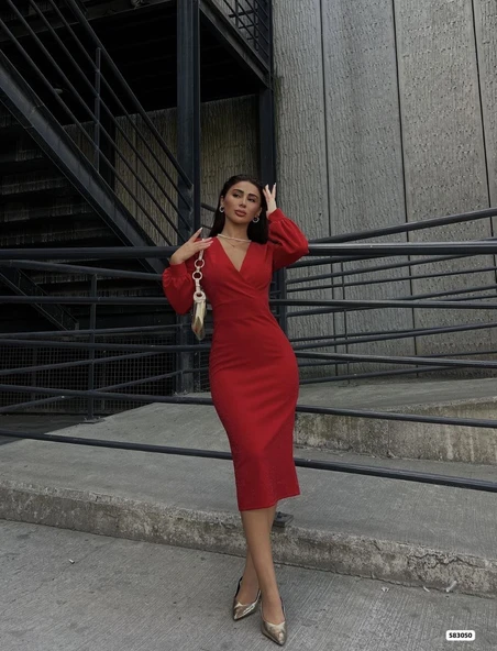 Kadın Kruvaze Yaka Balon Kol Simli Krep Kumaş Midi Boy Elbise - Resim 3