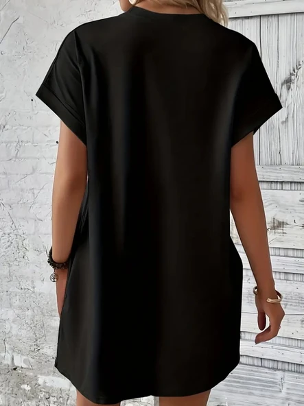 Kadın Kısa Kollu Bisiklet Yaka Cepli Kelebek Baskılı Viskon Elbise - Resim 3