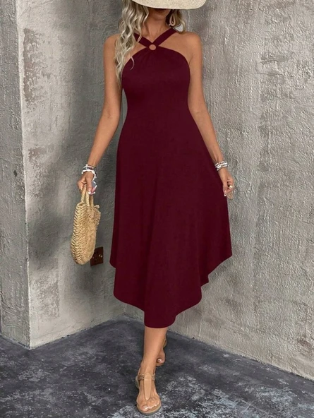 Kadın Boyundan çapraz Askılı Halka Detaylı Asimetrik Kesim Viskon Elbise - Resim 2