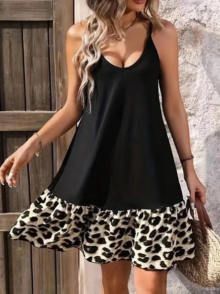 Kadın Ip Detaylı Kısa Elbise Askılı Yuvarlak Yakalı Viskon Etek Süprem Elbise - Resim 2