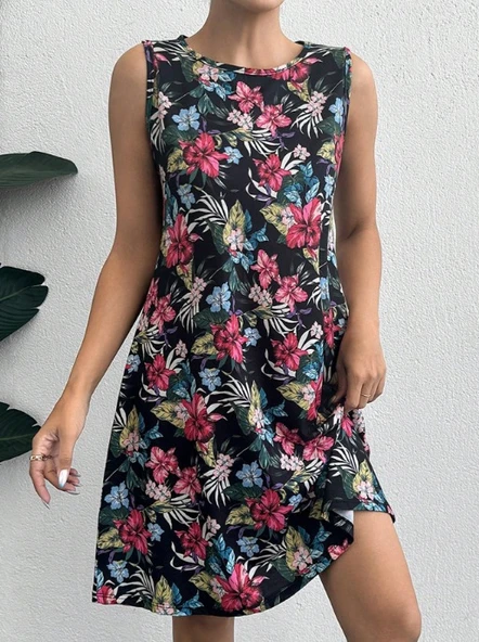 Kadın Renkli çiçek Baskılı Süprem Elbise - Resim 11