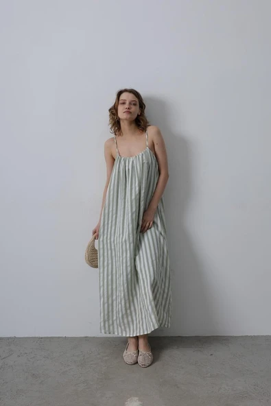 Askılı Çizgi Desen Elbise - Haki - Resim 2