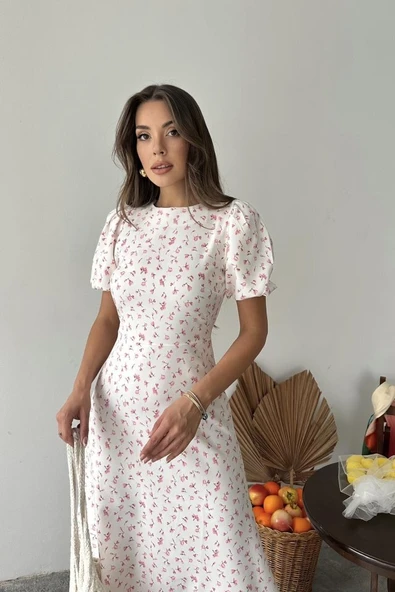 Pembe Dijital Baskılı Atlas Elbise - Resim 4