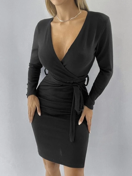 Kadın Uzun Kollu Kruvaze Yaka Bağcık Detay Akrilik Mini Boy Elbise - Resim 13