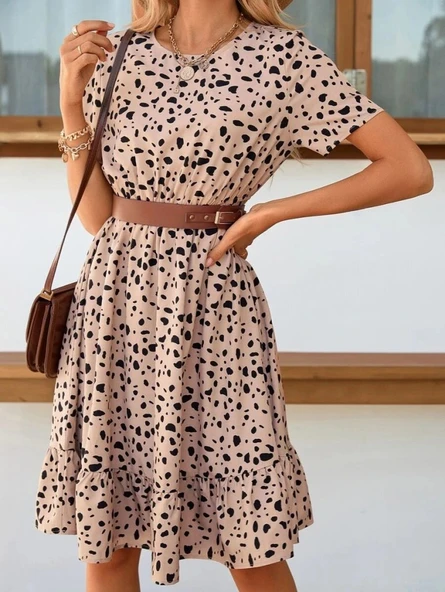 Kadın Kısa Kollu Bisiklet Yaka Desenli Süprem Elbise - Resim 5