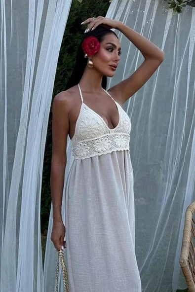 Göğsü Trikolu Keten Uzun Elbise 2904-08 - Resim 9