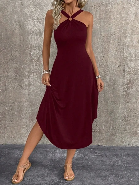 Kadın Boyundan çapraz Askılı Halka Detaylı Asimetrik Kesim Viskon Elbise - Resim 3