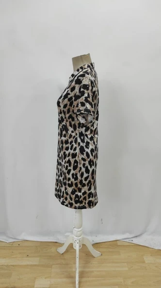 Kadın Kısa Kollu Yakalı Leopar Desenli Süprem Elbise - Resim 7