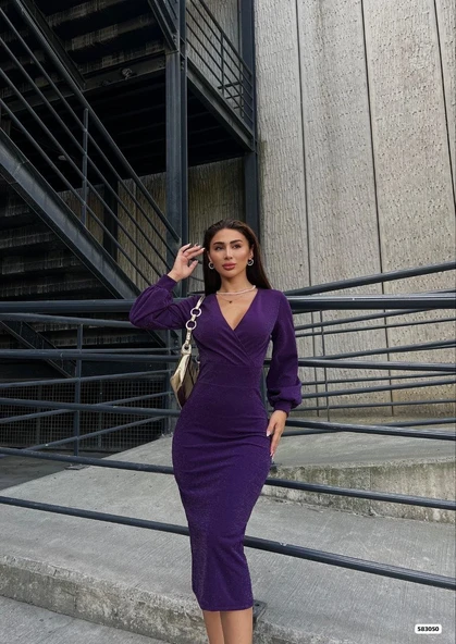 Kadın Kruvaze Yaka Balon Kol Simli Krep Kumaş Midi Boy Elbise - Resim 2