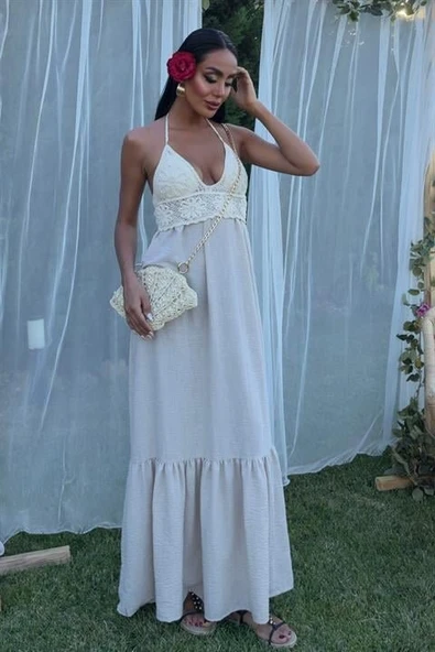 Göğsü Trikolu Keten Uzun Elbise 2904-08 ürün görseli