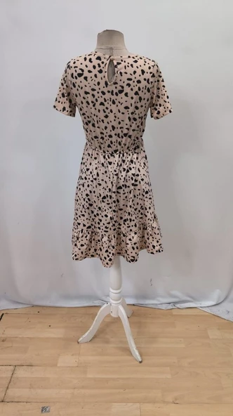 Kadın Kısa Kollu Bisiklet Yaka Desenli Süprem Elbise - Resim 10