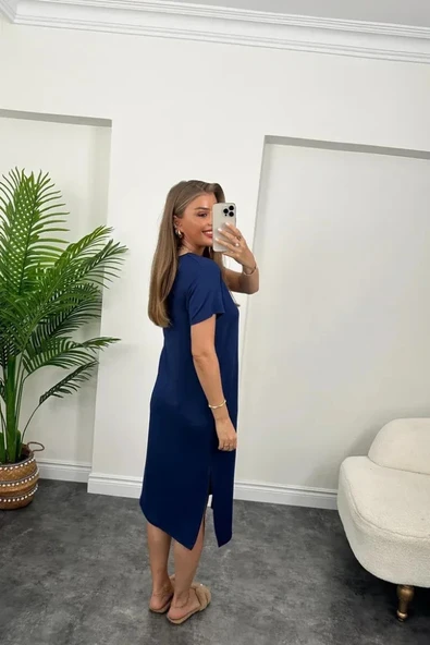 Kadın Kısa Kollu Yırtmaç Detaylı Salaş Viskon Elbise - Resim 6