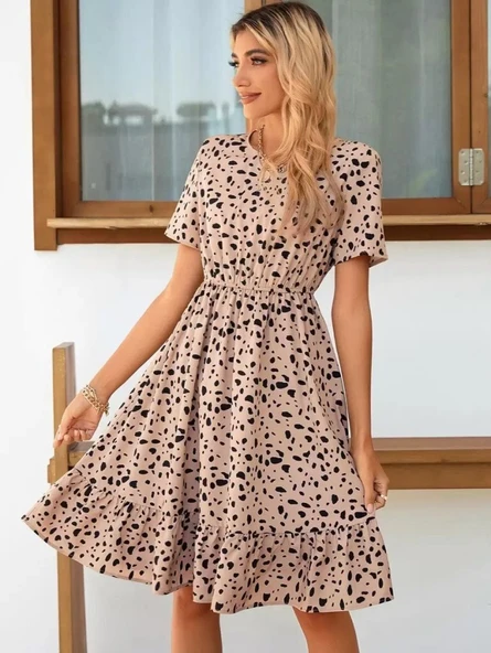 Kadın Kısa Kollu Bisiklet Yaka Desenli Süprem Elbise - Resim 4