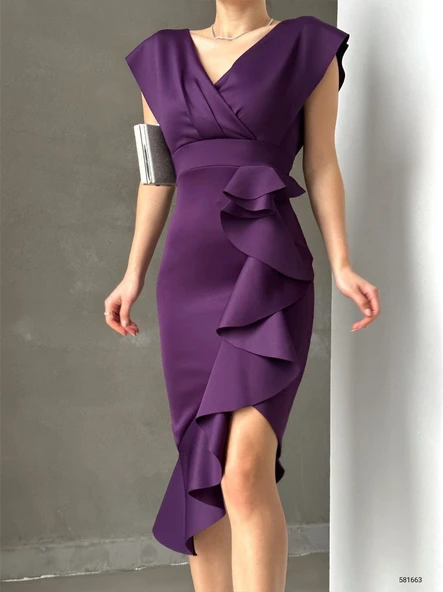 Scuba Kumaş Önü Fırfırlı Midi Boy Elbise - Resim 2