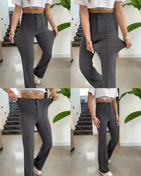 Kadın Yüksek Bel Full Likralı Krep Kumaş Pantolon - Resim 3