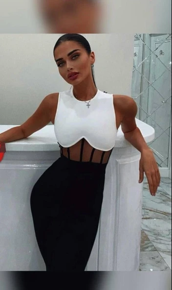 Kadın Bisiklet Yaka Kolsuz çift Renk Ve Bel Transparan Korse Detay Midi Boy Elbise - Resim 5