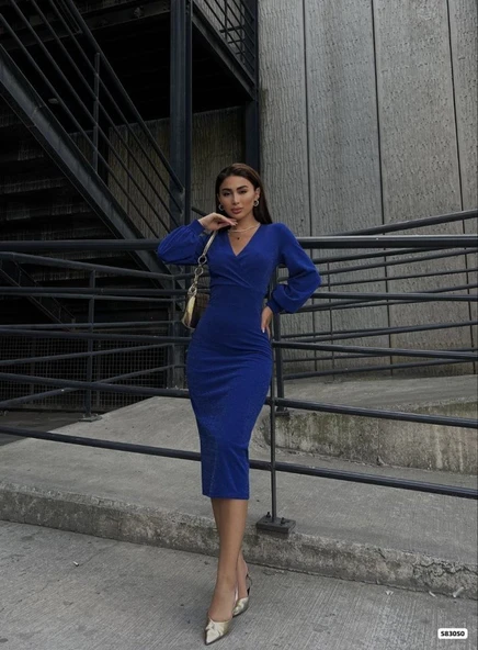 Kadın Kruvaze Yaka Balon Kol Simli Krep Kumaş Midi Boy Elbise - Resim 3