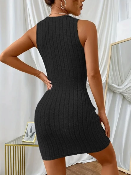 Kadın Kolsuz Bisiklet Yaka Kalın Fitilli Kaşkorse Mini Elbise - Resim 3