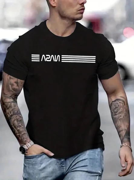 Erkek Kısa Kollu NASA Baskı Bisiklet Yaka T-shirt - 3