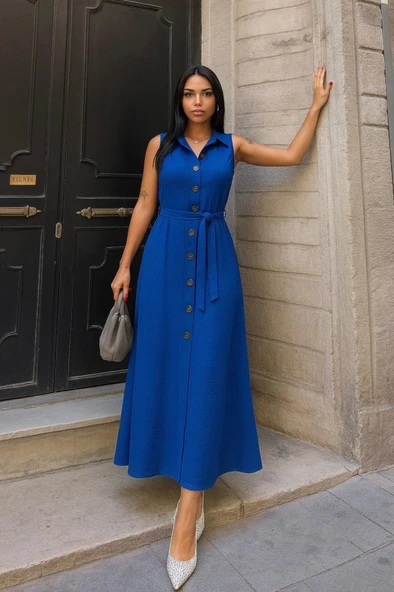 Kadın Düğme Detay Kuşak Dahil Elbise ürün görseli