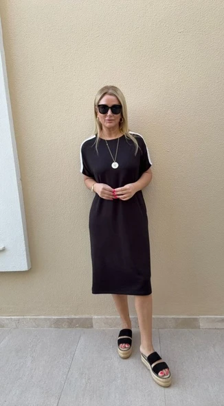 Kadın Kısa Kollu şerit Detay Midi Boy Elbise ürün görseli