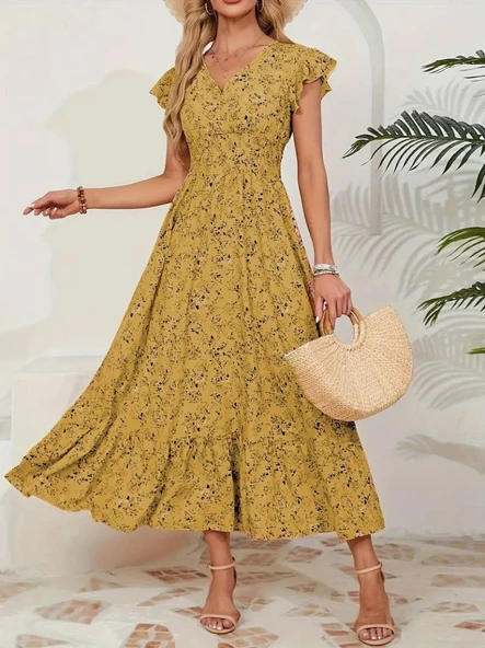 Kadın Kısa Kollu Kruvaze Yaka Beli Lastikli çiçek Desenli Elbise - Resim 3