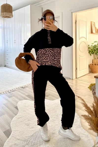 Kadın Uzun Kollu Leopar Detay Sweat Ve Yanı Leopar şerit Detay Pantolon Ikili Takım - Resim 12