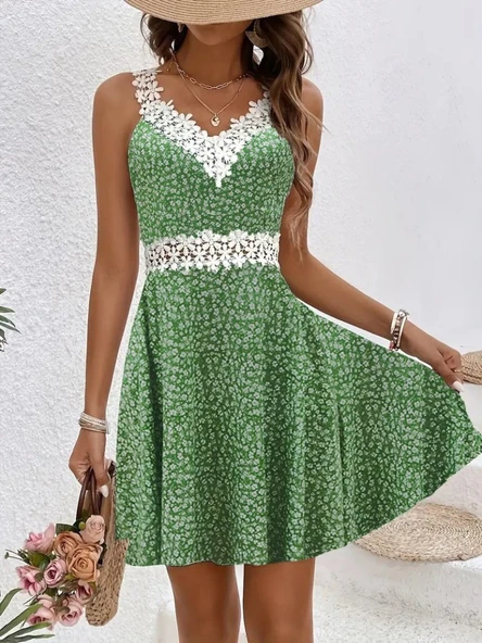 Kadın Askılı Dantel Yakalı çiçek Desenli Süprem Elbise ürün görseli