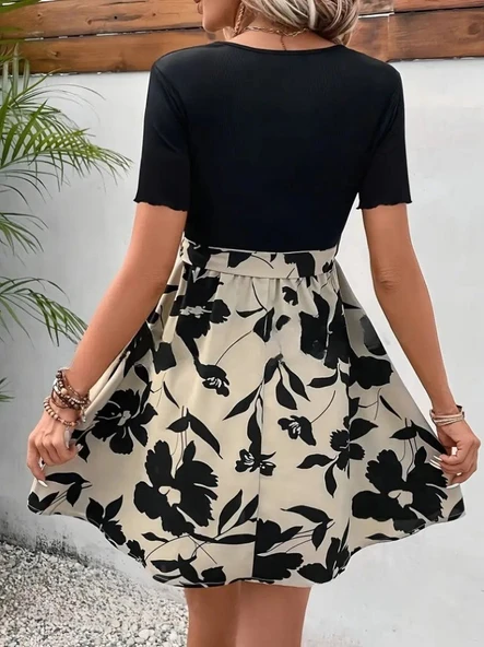 Kadın Kısa Kollu V Yakalı Belden Kuşaklı çiçek Desenli üst Viskon Alt Süprem Elbise - Resim 2