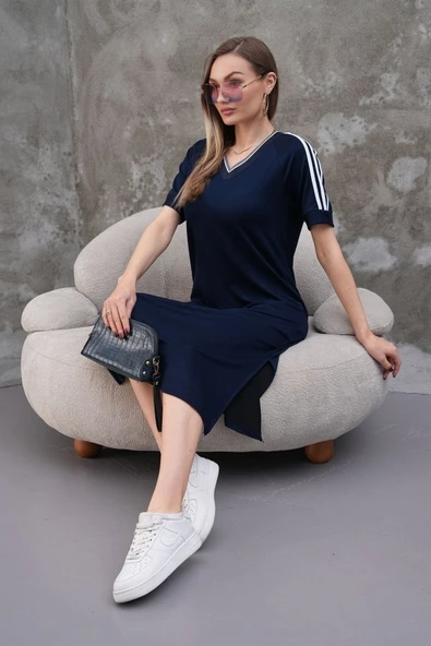 Kadın Kristal Kumaş şerit Ve Yırtmaç Detaylı V Yaka Midi Boy Elbise - Resim 2