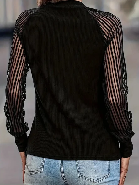 Kadın Uzun Kollu Tül Detaylı Bisiklet Yakalı Kaşkorse Bluz - Resim 4