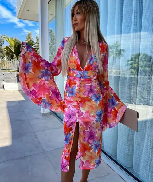 Kadın Göğüs Dekolteli Kolları Volan Detay Astarlı Tül Elbise - Resim 5