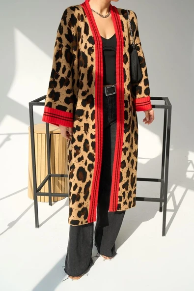 Uzun Leopar Hırka - Camel-Kırmızı - 1