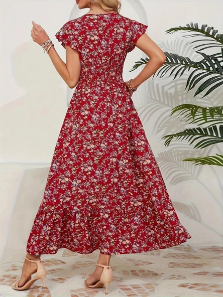 Kadın Kısa Kollu Kruvaze Yaka Beli Lastikli çiçek Desenli Elbise - Resim 4