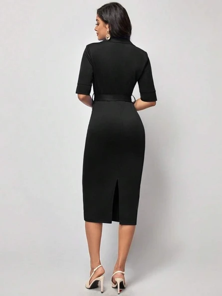 Kadın Kısa Kollu Yakalı Kruvaze Yakalı Beli Kemerli Midi Modal Elbise - Resim 4