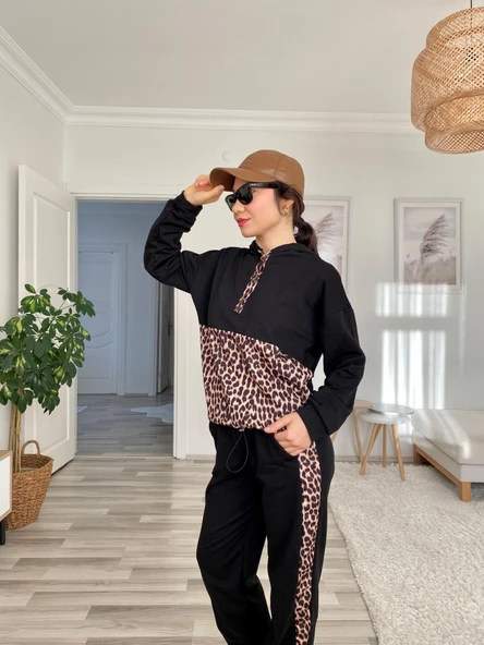 Kadın Uzun Kollu Leopar Detay Sweat Ve Yanı Leopar şerit Detay Pantolon Ikili Takım - Resim 4