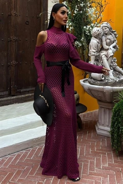 Saten Kuşaklı Ajurlu Triko Elbise 2847 - Resim 7